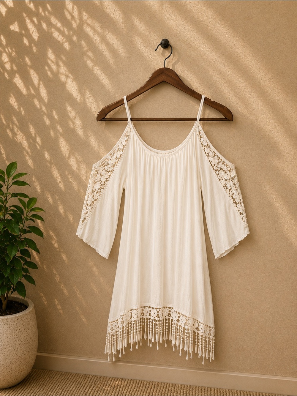 Boho White Crochet Fringe Cold Shoulder Cover Up Dress Size S